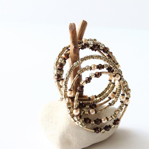 Slinky Bracelet Bangle Wrap Browns Gold Rose Clear Rhinestones Costume Jewelry - Picture 6 of 7